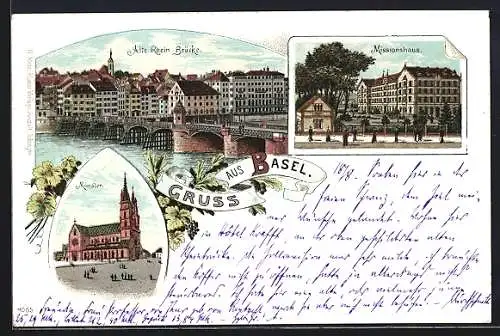 Lithographie Basel, Münster, alte Rheinbrücke, Missionshaus