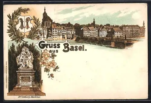 Lithographie Basel, Strassburg-Denkmal, Ortsansicht mit Rheinbrücke