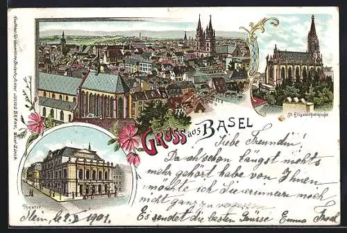 Lithographie Basel, Theater, St. Elisabethenkirche, Gesamtansicht