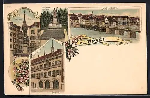 Lithographie Basel, Rathaus, Brunnen auf dem Fischmarkt, St. Jacobs-Denkmal, Alte Rheinbrücke