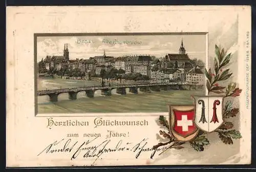 Passepartout-Lithographie Basel, Alte Rheinbrücke, Eichenlaub mit zwei Wappen