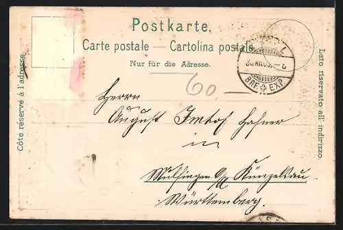 Passepartout-Lithographie Basel, Alte Rheinbrücke, Eichenlaub mit zwei Wappen