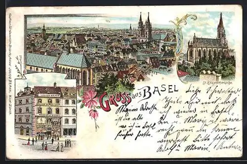 Lithographie Basel, Panorama, St. Elisabethenkirche, Kaufhaus Julius Brann