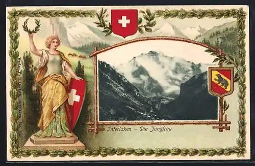 Lithographie Interlaken, Blick auf die Jungfrau, Helvetia und Wappen im Passepartout