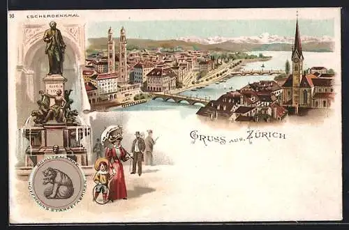 Lithographie Zürich, Teilansicht mit Brücken, Escherdenkmal, Schutzmarke Hoffmann`s Stärkefabriken