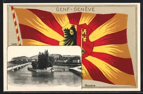 AK Geneve, Blick zum Ort mit Brücke, Fahne und Wappen von Genf