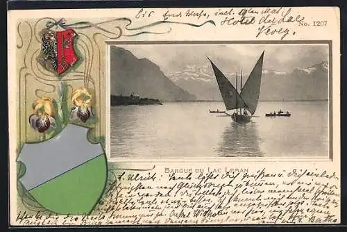 Lithographie Lac Leman, Segelboot gegen die Berge, Passepartout mit Wappen