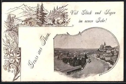 Lithographie Thun, Ortsansicht am Fluss, Alpen-Passepartout