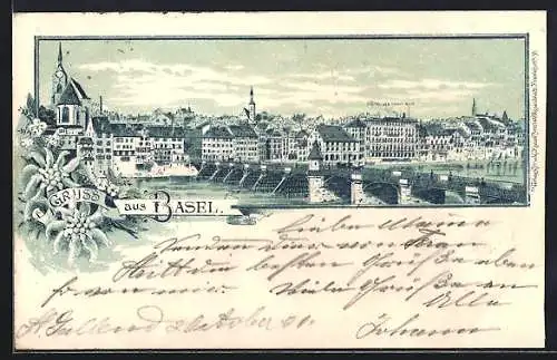 Lithographie Basel, Hotel des Troie Rois mit Ortsansicht