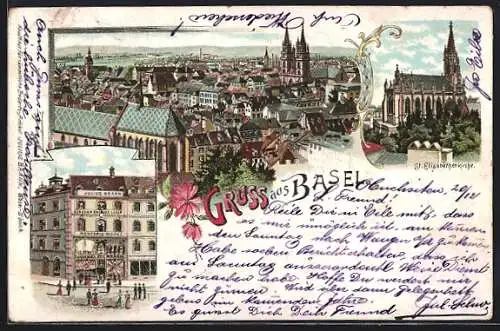 Lithographie Basel, Panorama, St. Elisabethenkirche, Kaufhaus Julius Brann