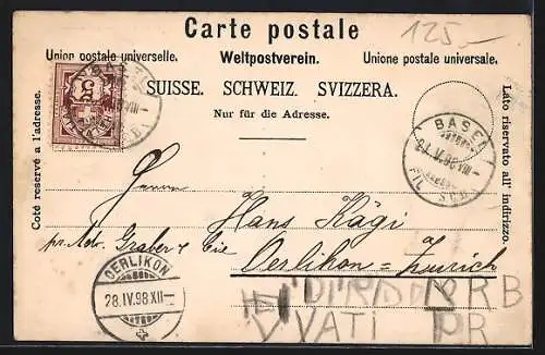 Lithographie Basel, Münster, Das Spatenthor, Marktplatz mit Rathaus