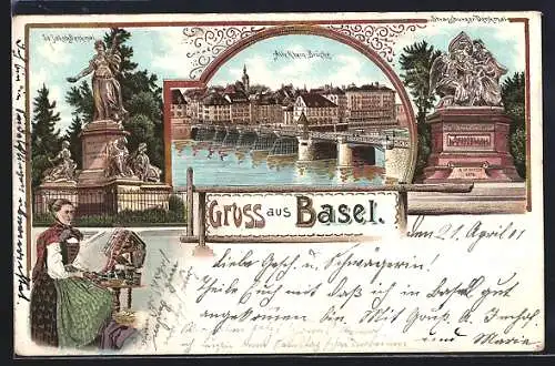 Lithographie Basel, St. Jacobs Denkmal, alte Rheinbrücke, Strassburger Denkmal