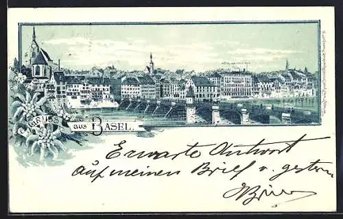 Lithographie Basel, Ortsansicht mit Hotel des Trois Rois und der Rheinbrücke