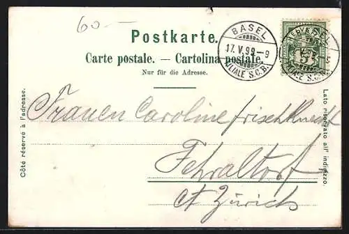 Lithographie Basel, Strassburger-Denkmal, Rathaus, Ortsansicht