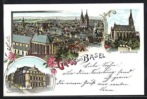 Lithographie Basel, Theater, St. Elisabethenkirche, Panoramablick