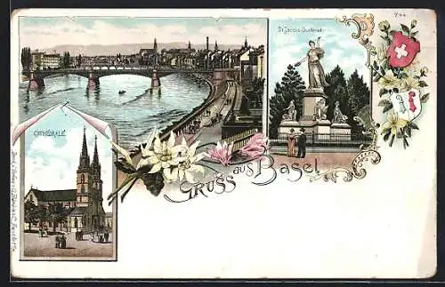 Lithographie Basel, Ortsansicht mit Rheinbrücke, St. Jacobs-Denkmal, Cathedrale