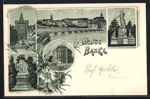 Lithographie Basel, Handelsbank, Strassburger-Denkmal, Spalenthor, St. Jacobs-Denkmal, Alte Rheinbrücke