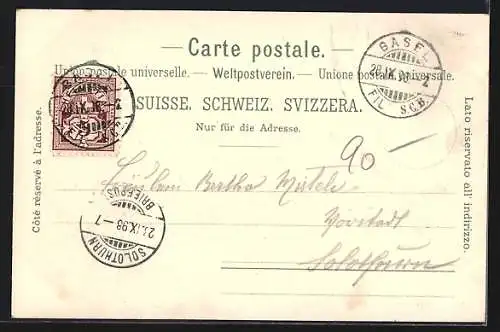 Lithographie Basel, Handelsbank, Strassburger-Denkmal, Spalenthor, St. Jacobs-Denkmal, Alte Rheinbrücke