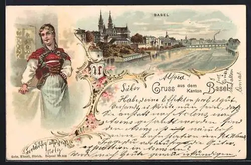 Lithographie Basel, Blick auf Fluss mit Brücke und Kirche, Frau in Tracht