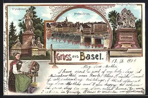 Lithographie Basel, St. Jakobsdenkmal, alte Rheinbrücke, Strassburger-Denkmal