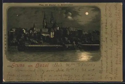 Mondschein-Lithographie Basel, Pfalz mit Münster bei Nacht