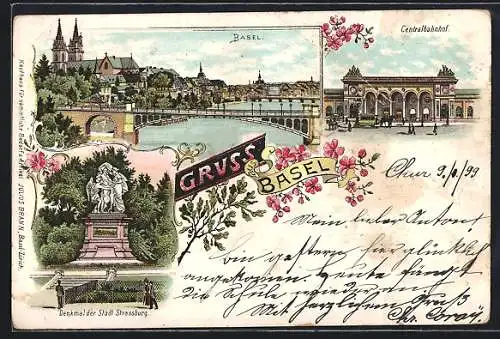 Lithographie Basel, Ortsansicht mit Rheinbrücke, Centralbahnhof, Denkmal der Stadt Strassburg