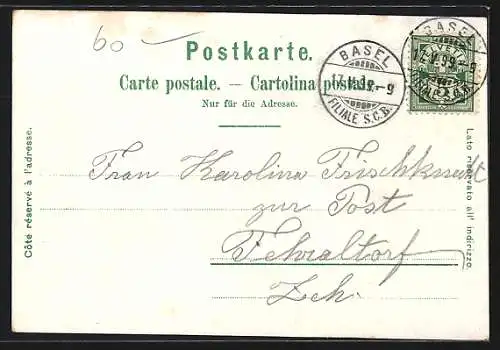 Lithographie Basel, Kleinbasel mit Theater und Spalentor