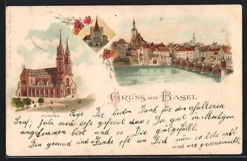 Lithographie Basel, Münster, Rheinbrücke, Blumen