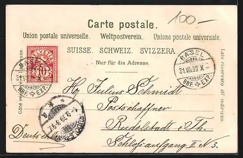 Lithographie Basel, Münster, Rathaus, Denkmal der Stadt Strassburg, St. Jacobs-Denkmal