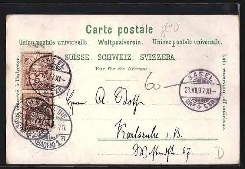 Lithographie Basel, St. Johann-Tor, Marktplatz, Stadtpanorama, Wappen