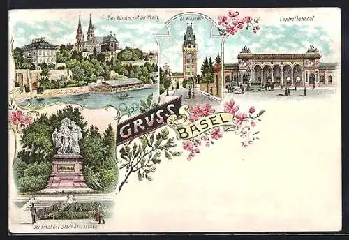 Lithographie Basel, Münster mit der Pfalz, Centralbahnhof, St. Albanthor, Strassburger-Denkmal