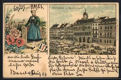 Lithographie Basel, Rathaus und Marktplatz, Baslerin in Tracht