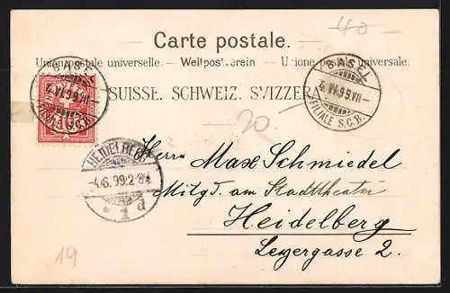 Lithographie Basel, Panorama mit Rheinbrücke, Tracht