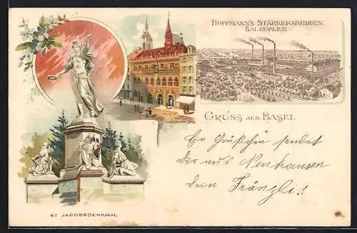 Lithographie Basel, Hoffmanns Stärkefabriken Salzuflen, St. Jakobsdenkmal, Gebäudeansicht