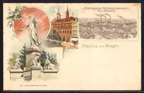 Lithographie Basel, Hoffmanns Stärkefabriken Salzuflen, St. Jakobsdenkmal, Gebäudeansicht