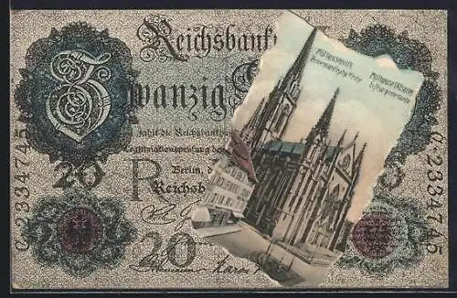 AK Mülhausen i. E., Protestantische Kirche im Reichsbanknoten-Passepartout