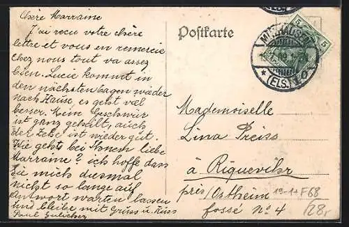 AK Mülhausen i. E., Protestantische Kirche im Reichsbanknoten-Passepartout