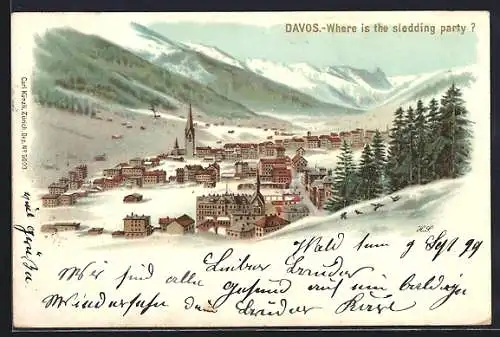 Lithographie Davos, Gesamtansicht, Where is the sledding party?, optische Täuschung