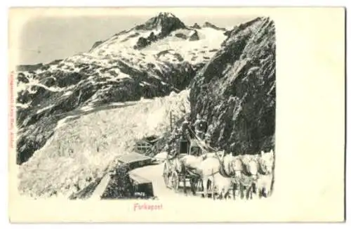 Relief-AK Furka, Postkutsche der Furkapost, Blick auf den Gletscher