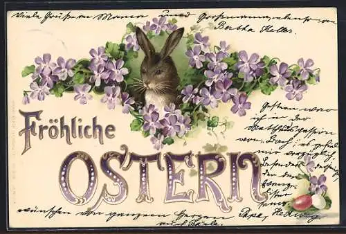 Präge-AK Osterhase umringt von Veilchen und Ostereiern