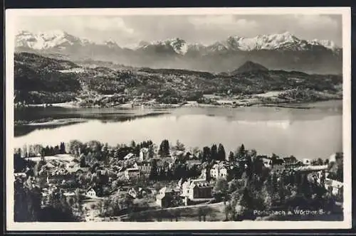 AK Pörtschach a. Wörther See, Ortsansicht mit See u. Bergpanorama