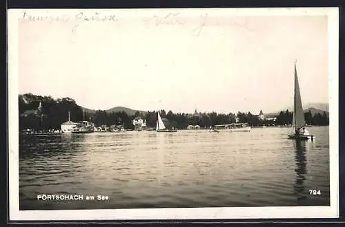 AK Pörtschach am See, Ortspanorama mit Segelbooten