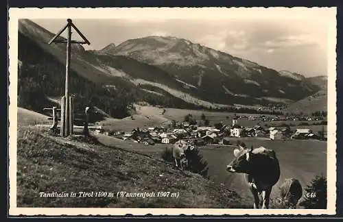 AK Tannheim in Tirol, Ortsansicht mit Flurkreuz, Kühen und Wannenjoch