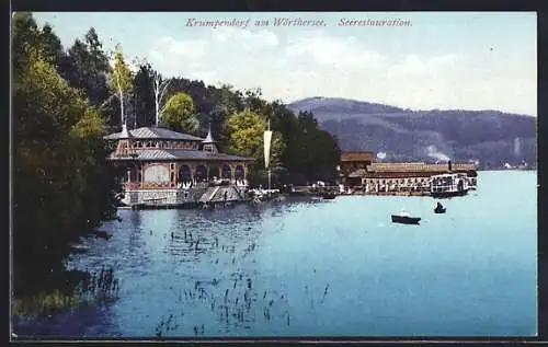 AK Krumpendorf am Wörthersee, Gasthaus Seerestauration vom Wasser aus