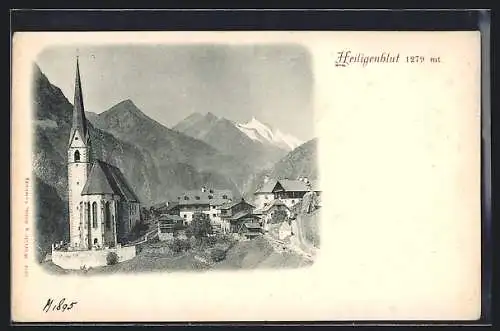AK Heiligenblut, Ortspartie mit Kirche und Bergspitzen