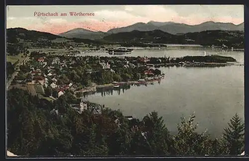 AK Pörtschach am Wörthersee, Ortsansicht mit See und Bergen