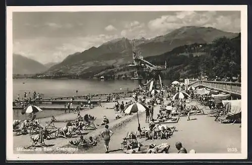 AK Millstatt am See, Strandbad mit Sprungturm u. Bergpanorama