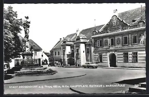 AK Drosendorf an der Thaya, Hauptplatz, Rathaus und Mariensäule