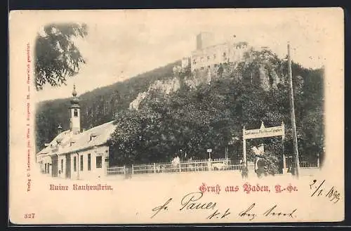 AK Baden /N.-Ö., Ruine Rauhenstein vom Gasthaus zur Flucht aus Ägypten aus