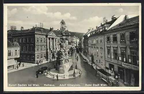 AK Baden b. Wien, Rathaus, Hotel Stadt Wien, platz